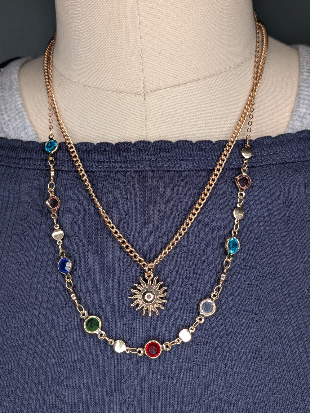 Both - Gold Celestial Sunburst Pendant & Multi-Color Rhinestone Gem Station